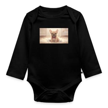 Bulldog with bow tie on cuddly fur - Organic Longsleeve Baby Bodysuit - black - Front