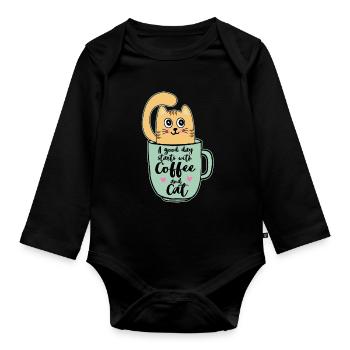 Katze Geschenk Mama Frauen Mädchen Kaffee - Body Bébé bio manches longues - noir - Devant