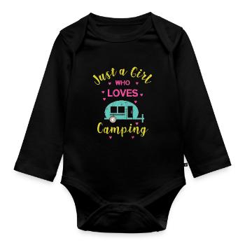 Camping girl camper caravan campsite - Organic Longsleeve Baby Bodysuit - black - Front