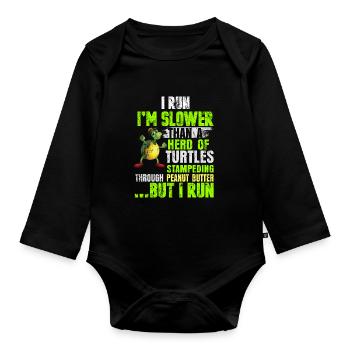 Course de jogging tortue en disant cadeau - Body Bébé bio manches longues - noir - Devant