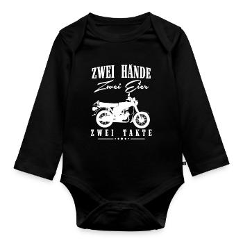 Zwei Hände Zwei Eier Zwei Takte, Simson DDR Moped - Baby Bio-Langarm-Body - Schwarz - Vorne