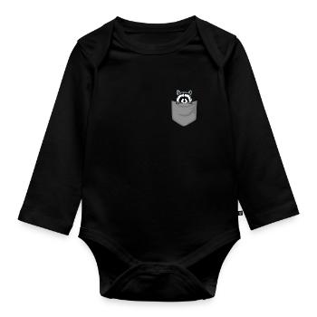 Raccoon in chest pocket Bear in pocket Gift - Organic Longsleeve Baby Bodysuit - black - Front