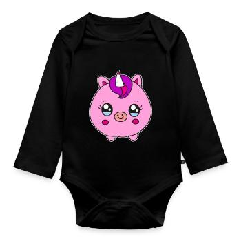Kleines rundes Einhorn Schwein Kinder Geschenk - Baby Bio-Langarm-Body - Schwarz - Vorne