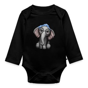 Éléphant nerd lunettes bandeau éléphant - Body Bébé bio manches longues - noir - Devant