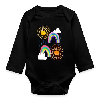 Rainbow, clouds, sun, rain in bright colors - Organic Longsleeve Baby Bodysuit - black - Front