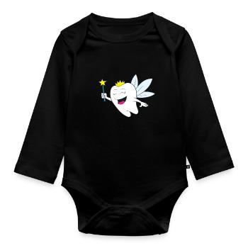Fee - Fröhliche Zahnfee mit Krone und Zauberstab - Baby Bio-Langarm-Body - Schwarz - Vorne