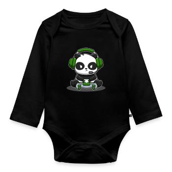 Panda Gamer Controller Gaming Pandabär Videospiel - Baby Bio-Langarm-Body - Schwarz - Vorne