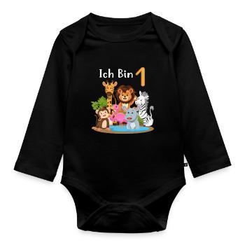1. Geburtstag Erster Kindergeburtstag Mädchen Jung - Baby Bio-Langarm-Body - Schwarz - Vorne