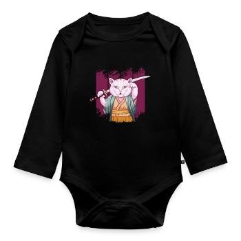 Japanese Samurai Maneki Neko Cat Katana Aesthetic - Organic Longsleeve Baby Bodysuit - black - Front