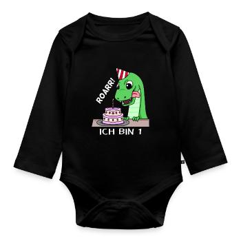 1. Geburtstag Dino Geburtstag Ich bin 1 - Baby Bio-Langarm-Body - Schwarz - Vorne