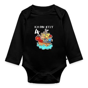 4. Geburtstag Geburtstagskind Piratenschiff - Baby Bio-Langarm-Body - Schwarz - Vorne