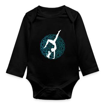 Women's Yoga Outfit with Cat Yoga Pilates Qi Gong - Organic Longsleeve Baby Bodysuit - black - Front