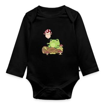 Cottagecore Kawaii Frog Holds a Mushroom Balloon - Organic Longsleeve Baby Bodysuit - black - Front