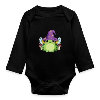 Cottagecore Aesthetic Cute Kawaii Frosch-Zauberer - Baby Bio-Langarm-Body - Schwarz - Vorne