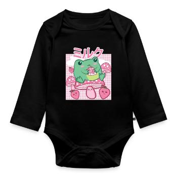 Cottagecore Aesthetic Frosch Trinkt Japanese Milk - Baby Bio-Langarm-Body - Schwarz - Vorne