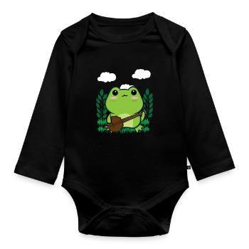Cottagecore Aesthetic Kawaii Frosch spielt Banjo - Baby Bio-Langarm-Body - Schwarz - Vorne