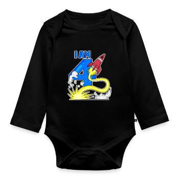 4 birthday boy - 4 years old - I am 4 - Organic Longsleeve Baby Bodysuit - black - Front