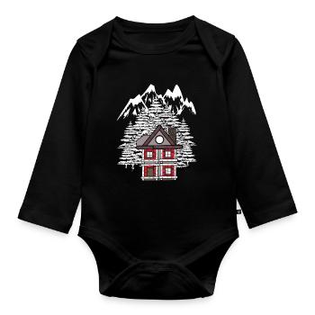 Forest House Hut Winter Fir Trees Romantic - Organic Longsleeve Baby Bodysuit - black - Front