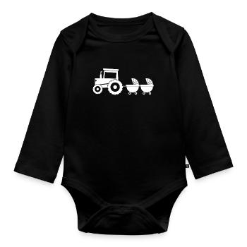 Traktor mit Babywagen - Zwillinge - Baby Bio-Langarm-Body - Schwarz - Vorne