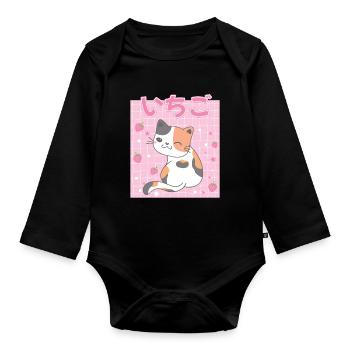 Japanese Japanese Strawberry Cat Gift - Organic Longsleeve Baby Bodysuit - black - Front