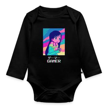 Gamer Anime Girl Japanisch Vaporwave Ästhetisches - Baby Bio-Langarm-Body - Schwarz - Vorne