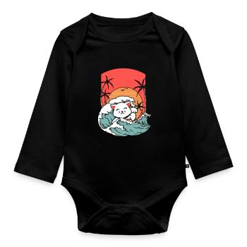 Cat Surfer Palm Vacation Island Summer Hawaii - Organic Longsleeve Baby Bodysuit - black - Front