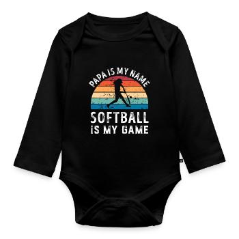 Papa ist mein Name Softball ist mein Spiel Papa Väter - Baby Bio-Langarm-Body - Schwarz - Vorne