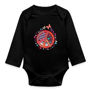 Signe de paix Papillon Cœurs Fleurs Amour - Body Bébé bio manches longues - noir - Devant