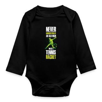 Vieil homme avec une raquette de tennis cadeau de tennis - Body Bébé bio manches longues - noir - Devant