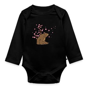 Cherry Blossom Bear Japanese Sakura Flower - Organic Longsleeve Baby Bodysuit - black - Front