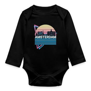 Amsterdam City Skyline Cityscape Rétro - Body Bébé bio manches longues - noir - Devant