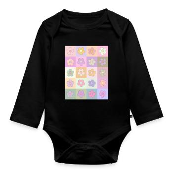 Danish Pastel Aesthetic Retro Flower Pattern - Organic Longsleeve Baby Bodysuit - black - Front