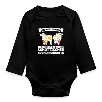 Rind Schottisches Hochlandrind Bauernhof Geschenk - Baby Bio-Langarm-Body - Schwarz - Vorne