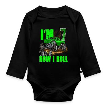 7th Birthday Monster Truck For Boys & Girls 7 Year - Organic Longsleeve Baby Bodysuit - black - Front