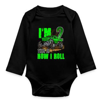 2nd Birthday Children's Monster Truck Boys & Girls - Organic Longsleeve Baby Bodysuit - black - Front