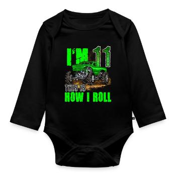 11th Birthday Monster Truck For Boys & Girls 11 - Organic Longsleeve Baby Bodysuit - black - Front