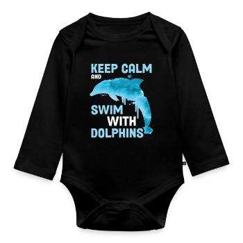 Restez calme et nagez avec les dauphins Dauphin Cadeau - Body Bébé bio manches longues - noir - Devant