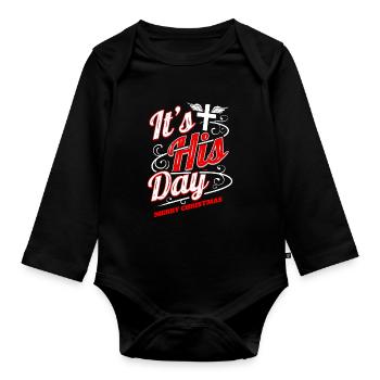 Christian It's His Day Cross Merry Christmas - Baby Bio-Langarm-Body - Schwarz - Vorne