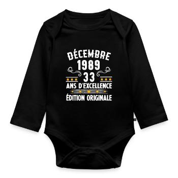 33 Ans Anniversaire Vintage Né(e) en Décembre 1989 - Body Bébé bio manches longues - noir - Devant