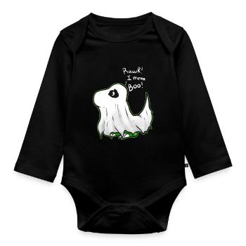 Cute Comic T-rex Tyrannosaurus Dressed As Ghost - Organic Longsleeve Baby Bodysuit - black - Front