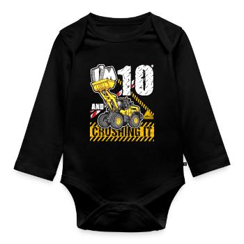 Ich bin 10 & zerquetsche es 10. Geburtstag Jungen Bagger - Baby Bio-Langarm-Body - Schwarz - Vorne