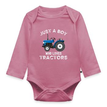 Just a boy who loves tractors - Organic Longsleeve Baby Bodysuit - mauve - Front