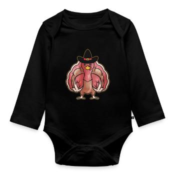 Kawaii Comic Turkey with Pilgrims Hat on - Organic Longsleeve Baby Bodysuit - black - Front