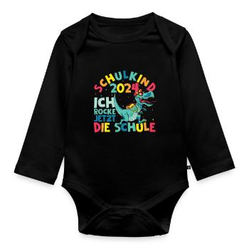 Schulkind 2024 Ich Rocke Jetzt Die Schule - Dino S - Baby Bio-Langarm-Body - Schwarz - Vorne
