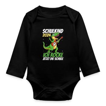 Schulkind 2024 Ich Rocke Jetzt Die Schule - Dino S - Baby Bio-Langarm-Body - Schwarz - Vorne