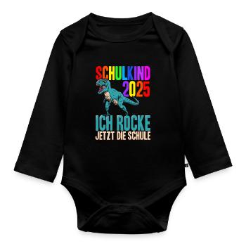 Schulkind 2025 Ich Rocke Jetzt Die Schule - Dino S - Baby Bio-Langarm-Body - Schwarz - Vorne