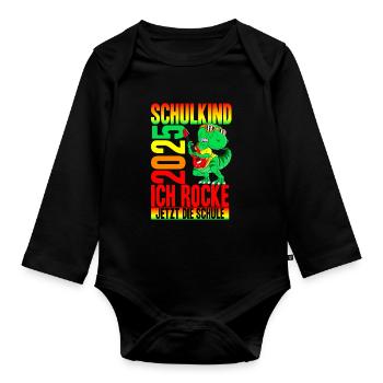 Schulkind 2025 Ich Rocke Jetzt Die Schule - Dino S - Baby Bio-Langarm-Body - Schwarz - Vorne