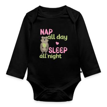 Nap all Day - Sleep all Night / Grinsendes Quokka - Baby Bio-Langarm-Body - Schwarz - Vorne