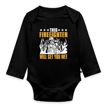 This firefighter will wet you - Organic Longsleeve Baby Bodysuit - black - Front