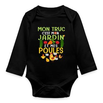 Mon truc c est mon jardin et mes poules - Body Bébé bio manches longues - noir - Devant